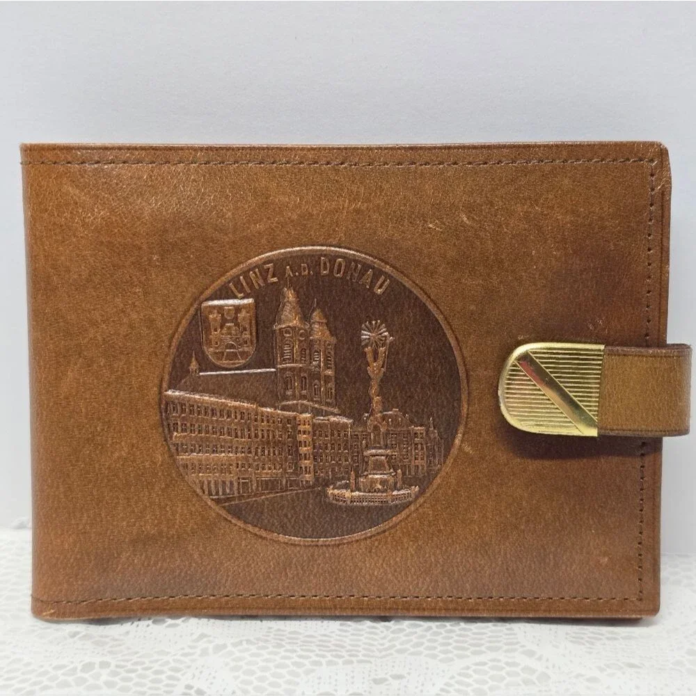Vintage 50s Austrian Brown Leather Wallet LINZ DONAU Medallion Embossed